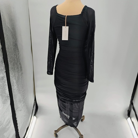 Cleobella Chantal Mesh Ruched Gathered Lined Long Sleeve Bodycon Dress Black NWT - Picture 14 of 16